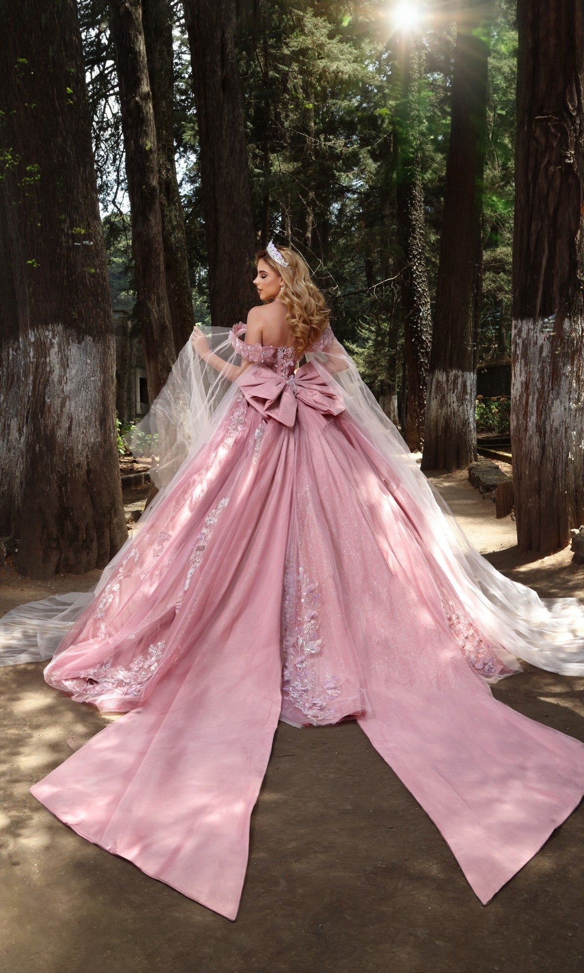 A woman in the Quinceanera Dress Q117 by Nina Canacci, featuring off-the-shoulder sleeves and a glitter tulle skirt with a long train, stands in a sunlit forest clearing.